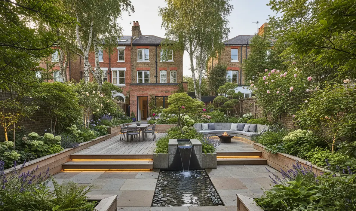 Bespoke landscaping South East London with stone paving, timber decking, lush planting and a modern water feature