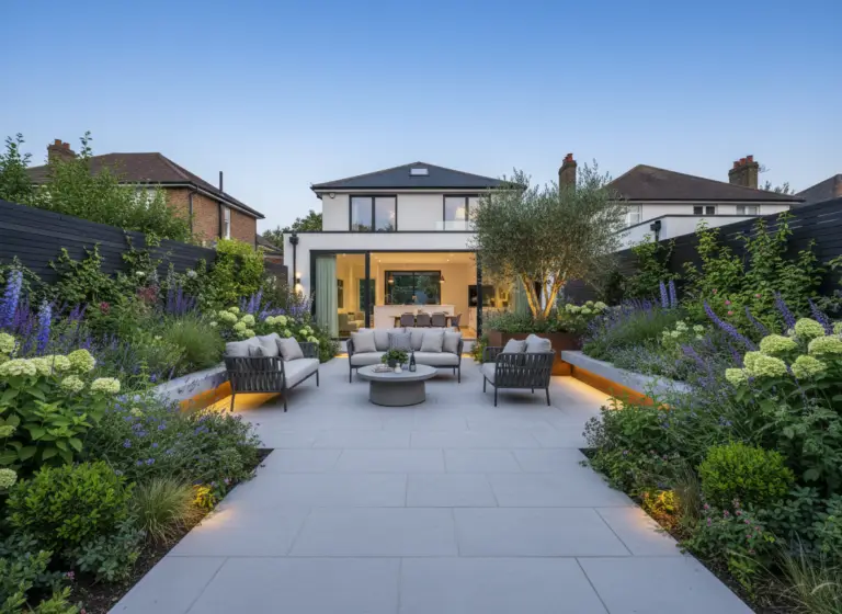 Bespoke London garden landscaping featuring a large paved terrace, layered planting, and integrated step lighting