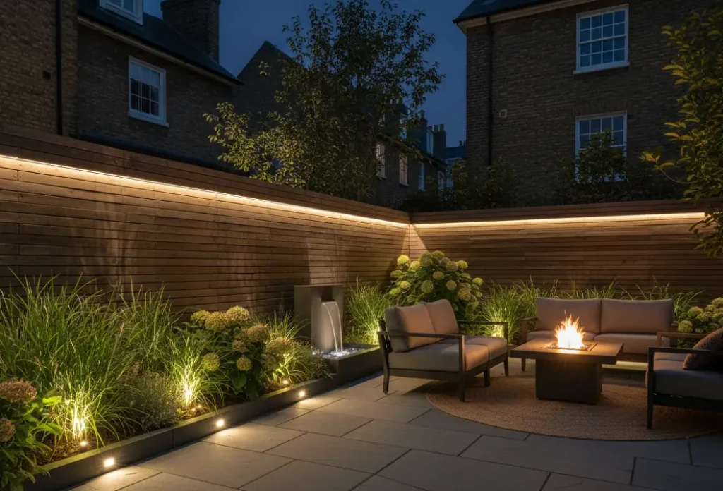 Wicked Gardeners LTD Blackheath outdoor garden lighting installation featuring warm LED uplights illuminating mature trees and shrubs in a London backyard at dusk