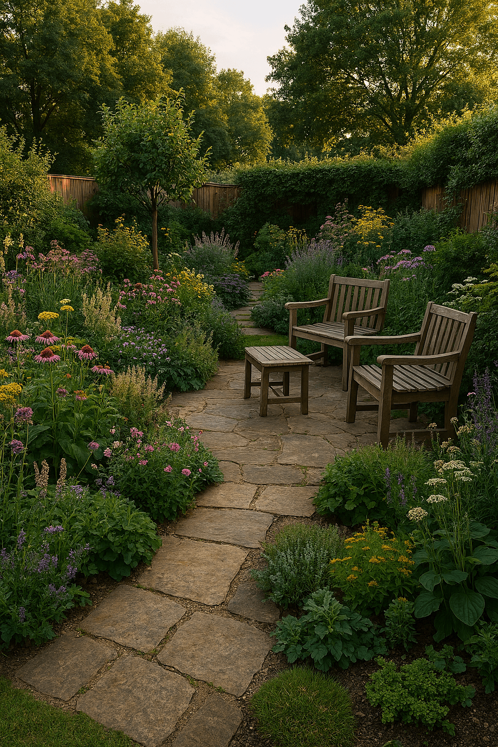 Premium cottage-style garden design in South East London with natural stone path, layered planting, and rustic wooden seating