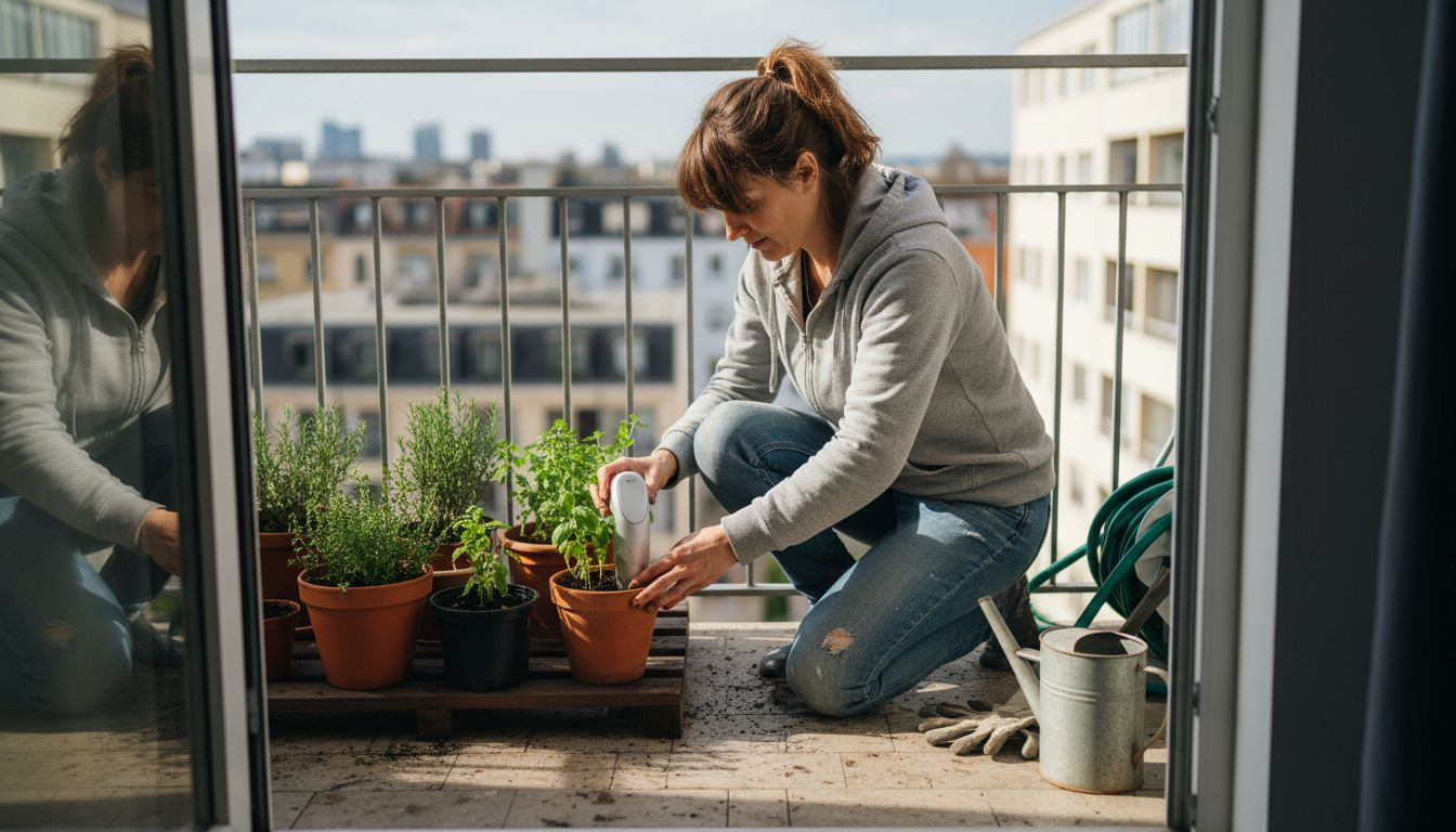 Woman adjusts smart sensor on apartment balcony garden