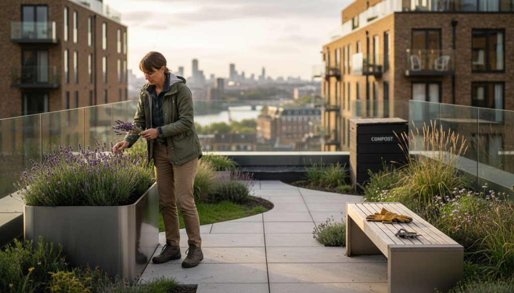 Luxury rooftop urban garden with designer at work