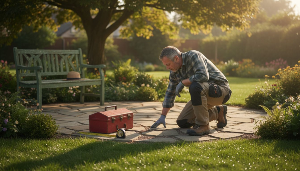 Landscape designer inspecting stone garden paving