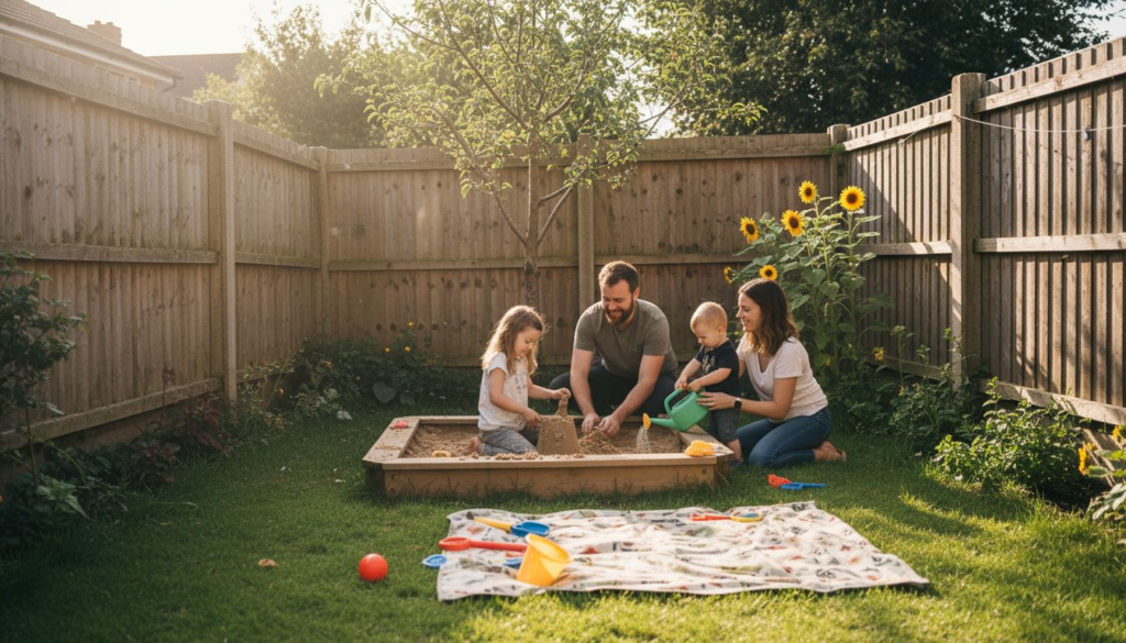 Family playing in a safe child-friendly garden