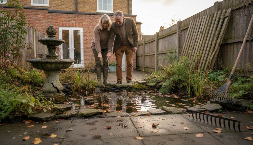Couple by pond and wildlife in London garden