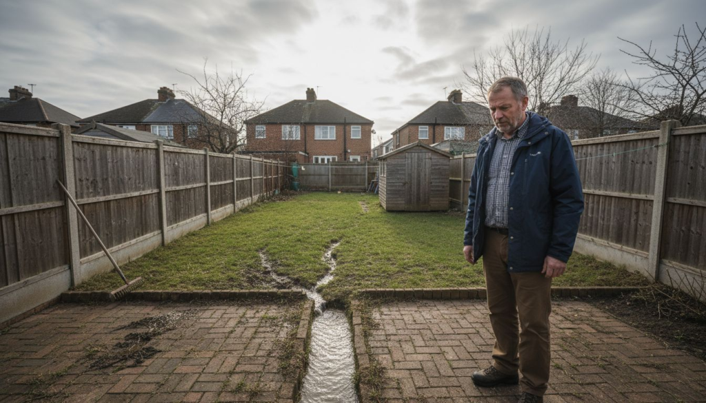 London homeowner viewing garden drainage path