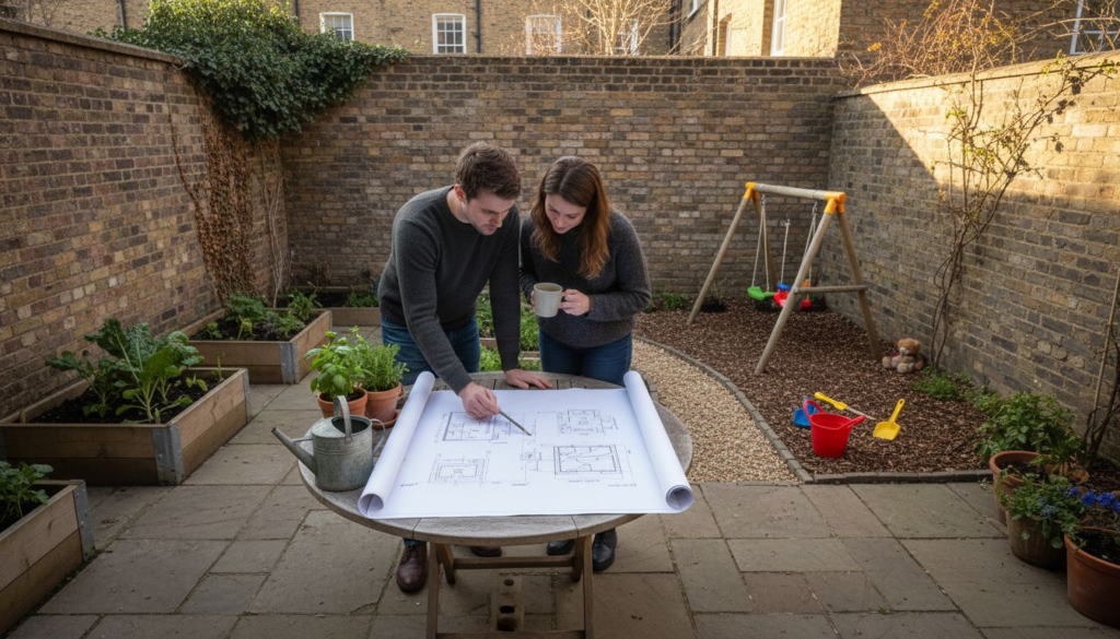 Couple planning garden zones in London