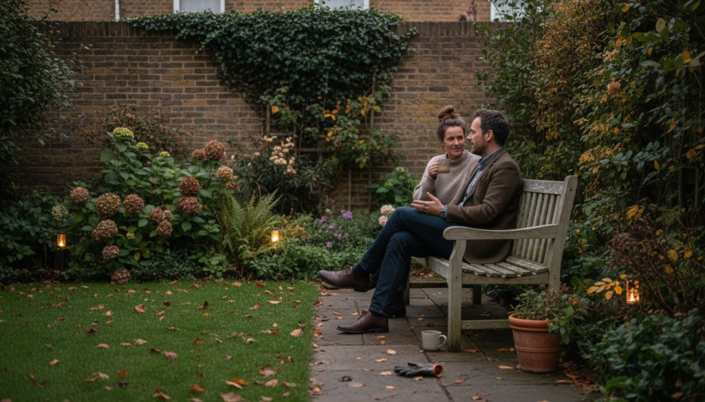 Evening London garden lit with custom lighting