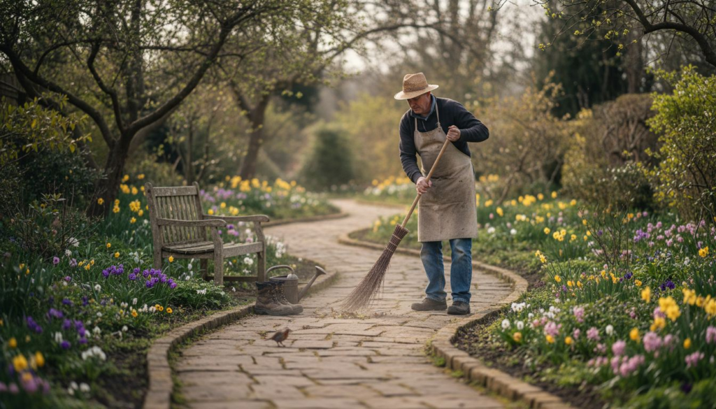 Garden pathway being swept in sunlight