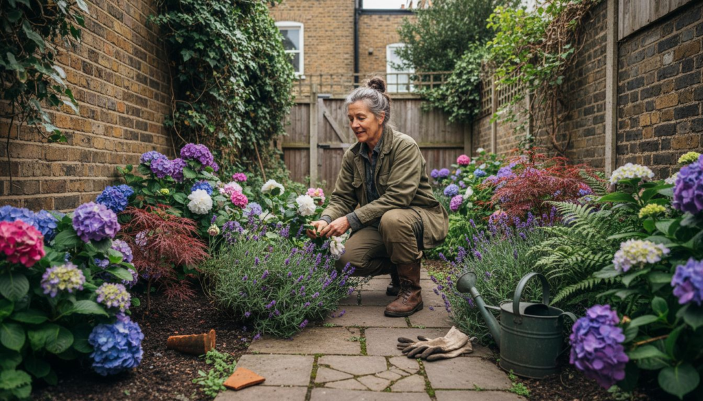 London gardener arranging diverse plants in backyard