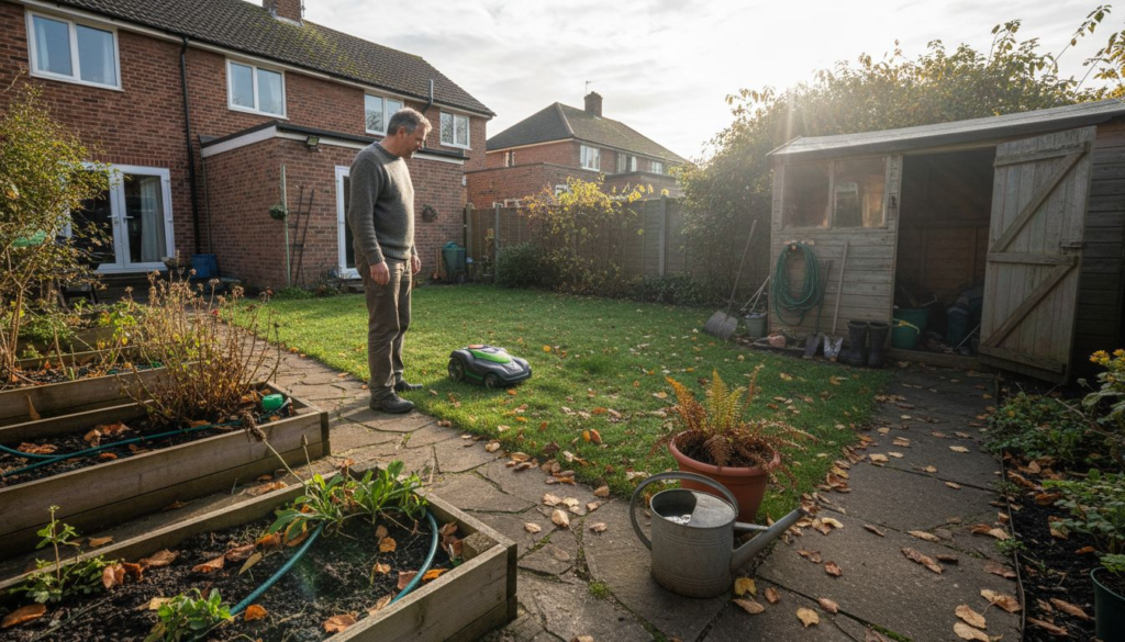 Homeowner watching robotic garden automation in use