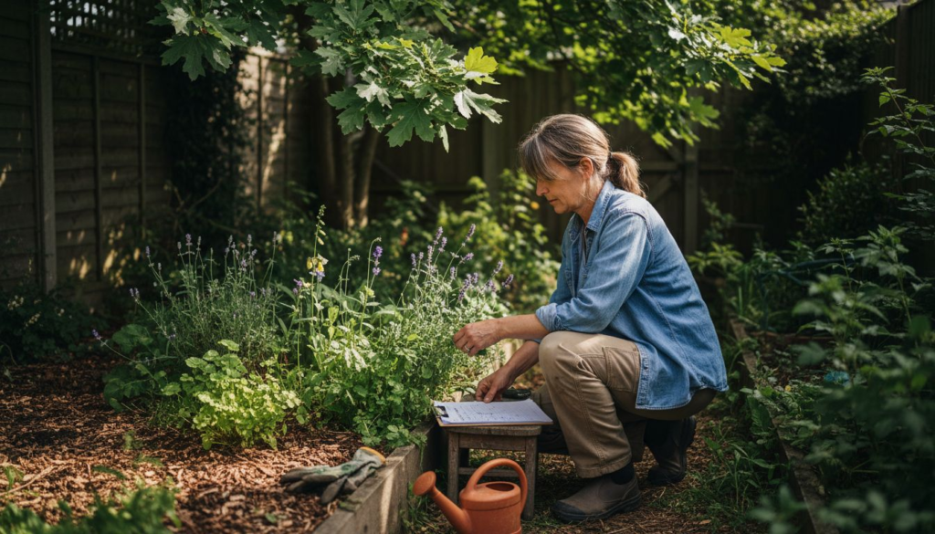 Homeowner practicing sustainable garden landscaping