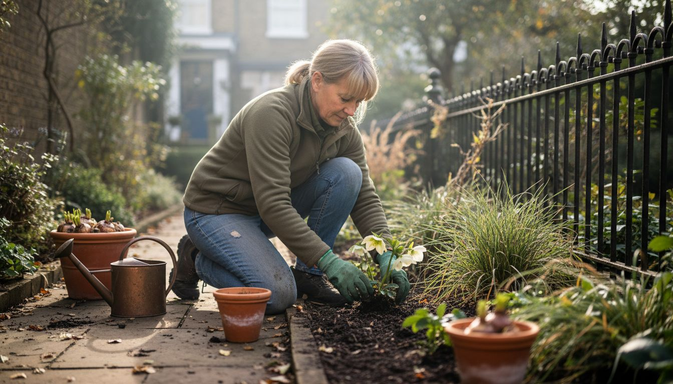 Gardener planting hardy perennials in London