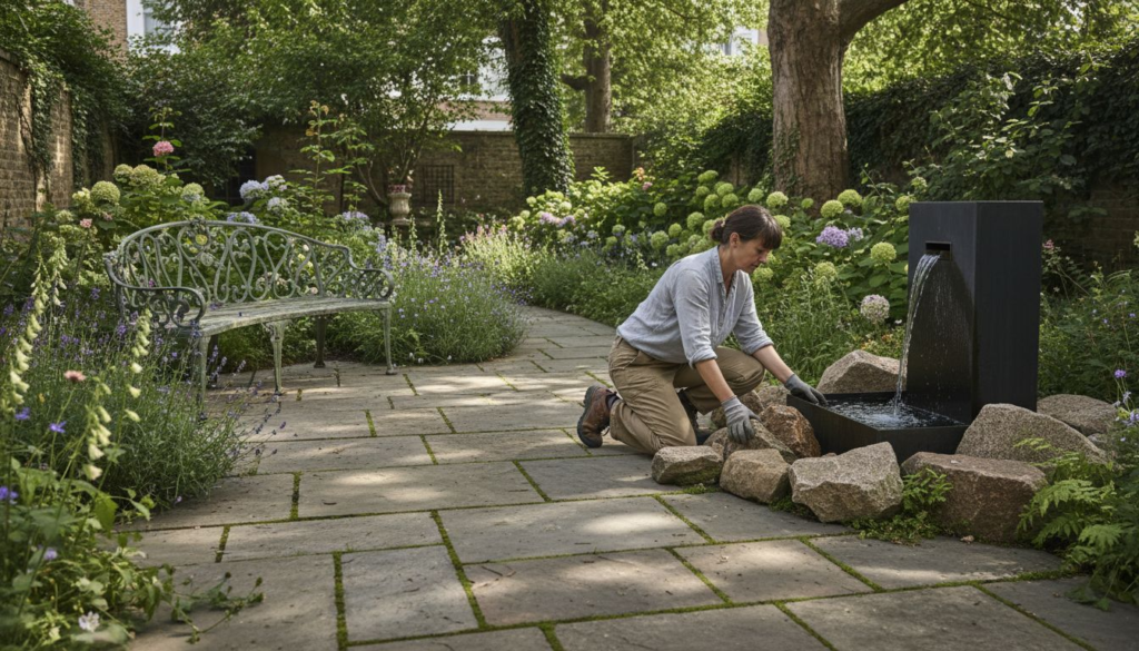Designer arranging stones in London luxury garden