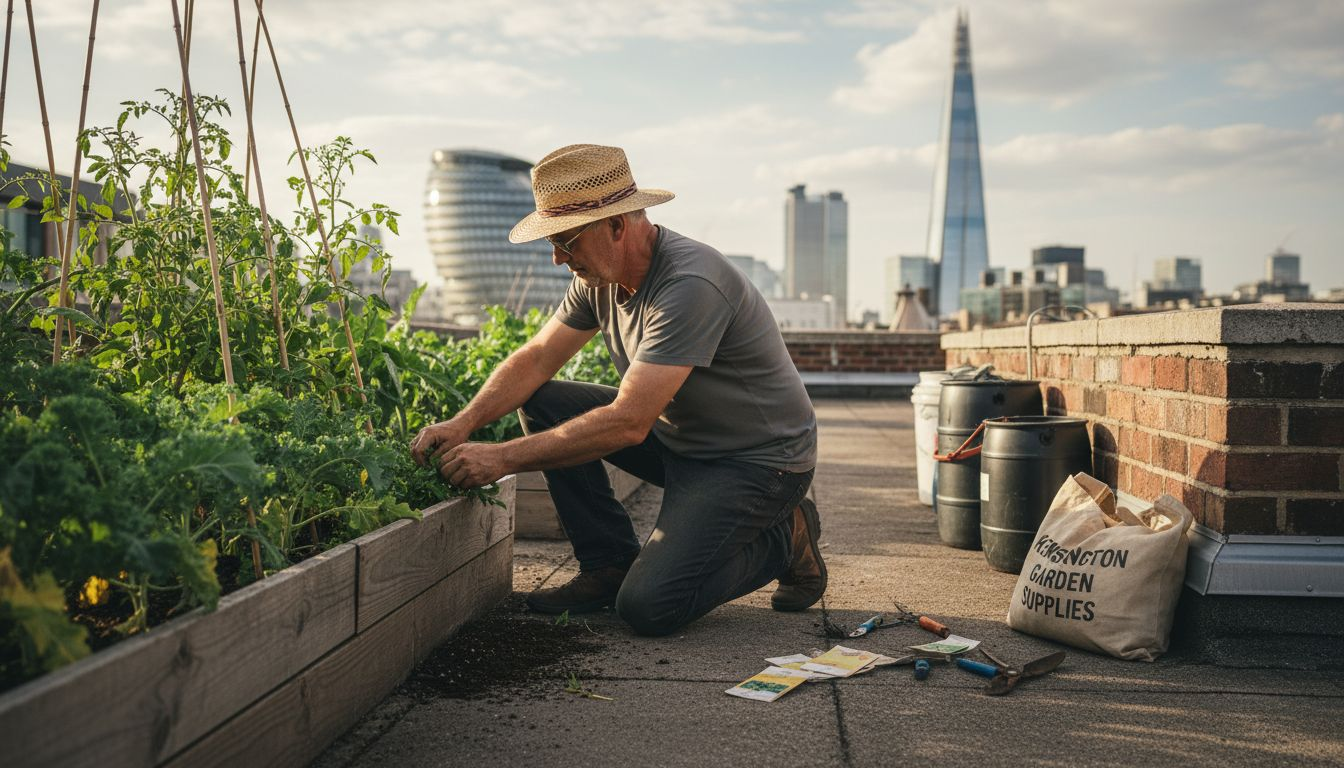 Man gardening on London rooftop among vegetables