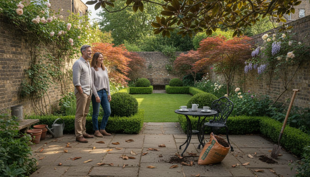 Couple overlooking curated luxury London garden