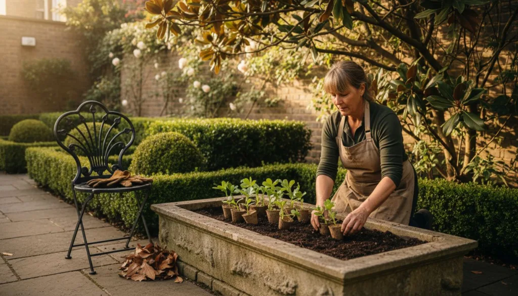 Gardener planting in luxury Chelsea townhouse garden
