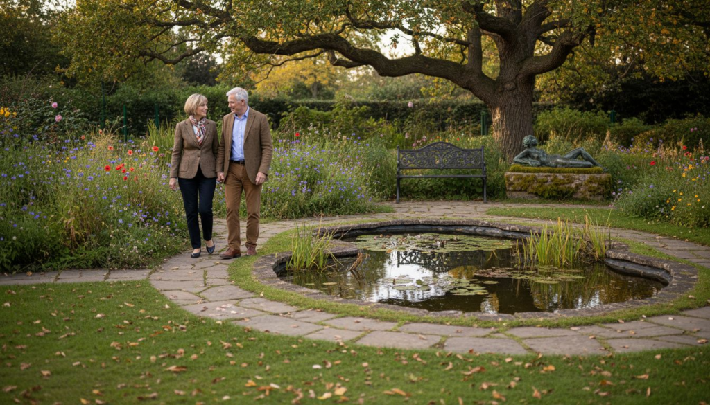 Couple walking in biodiverse London garden