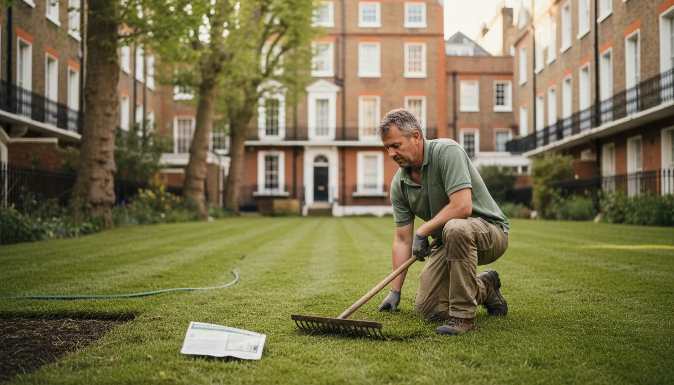 Landscaper in London garden laying luxury turf