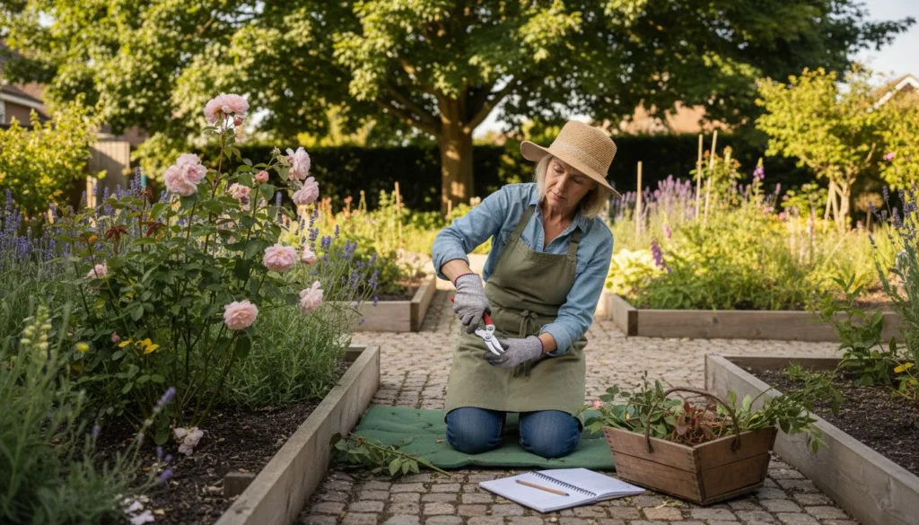 Gardener pruning shrub in bespoke outdoor garden