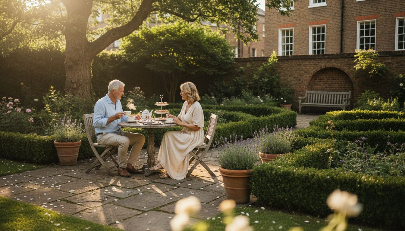 Couple enjoying luxury staged London garden